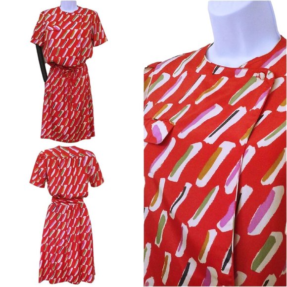 Vintage 70s 2-pc Set Liz Claiborne Blouse + Wrap-Skirt (6) Abstract Polyester - Picture 1 of 12